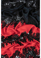 Red and Black Cashmere Scarf with Black Hibiscus Lace Panels