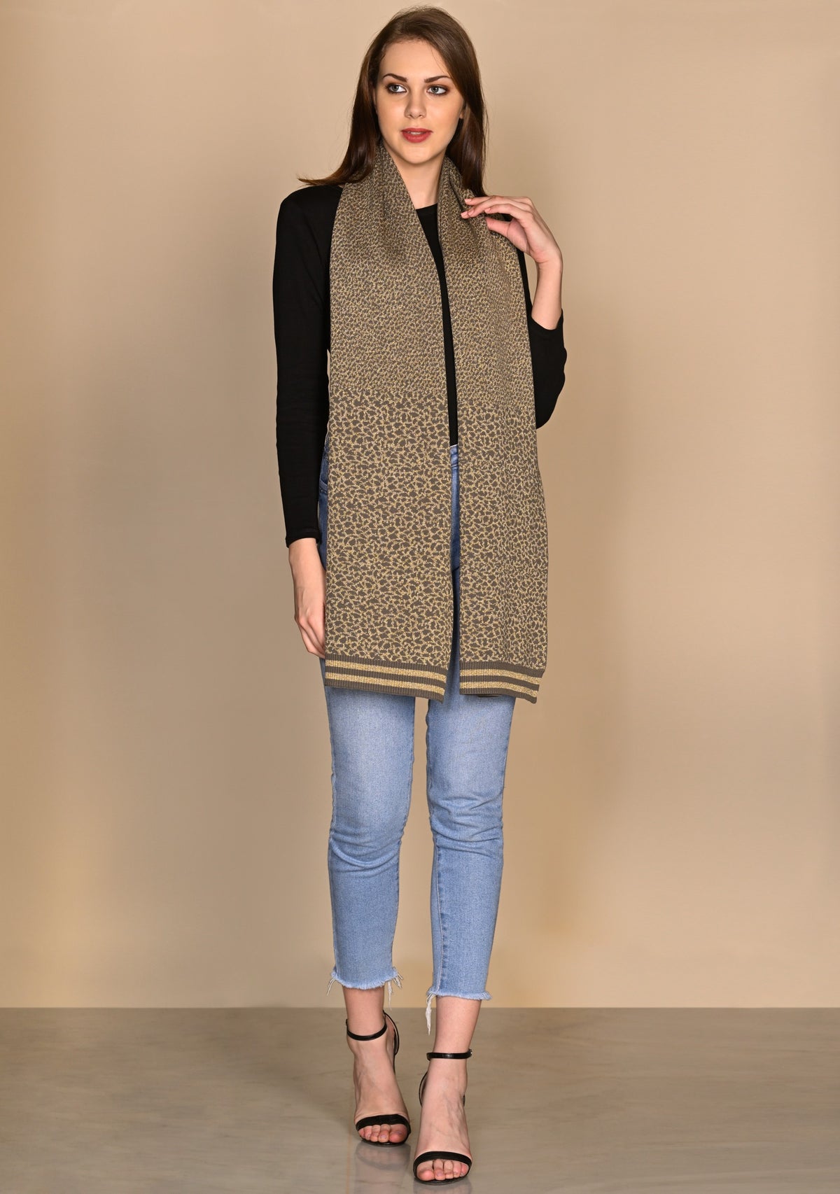 Dk. Olive & Frappe Cotton & Viscose Leopard Jacquard Scarf Dk. Olive & Frappe