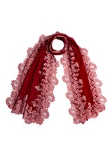 Maroon Cashmere Scarf with a Magenta-Green Chantilly Lace Border