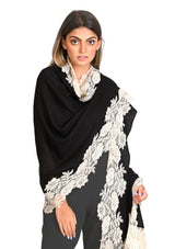 Black Silk And Wool Scarf with a Beige 
 Floral Lace Border