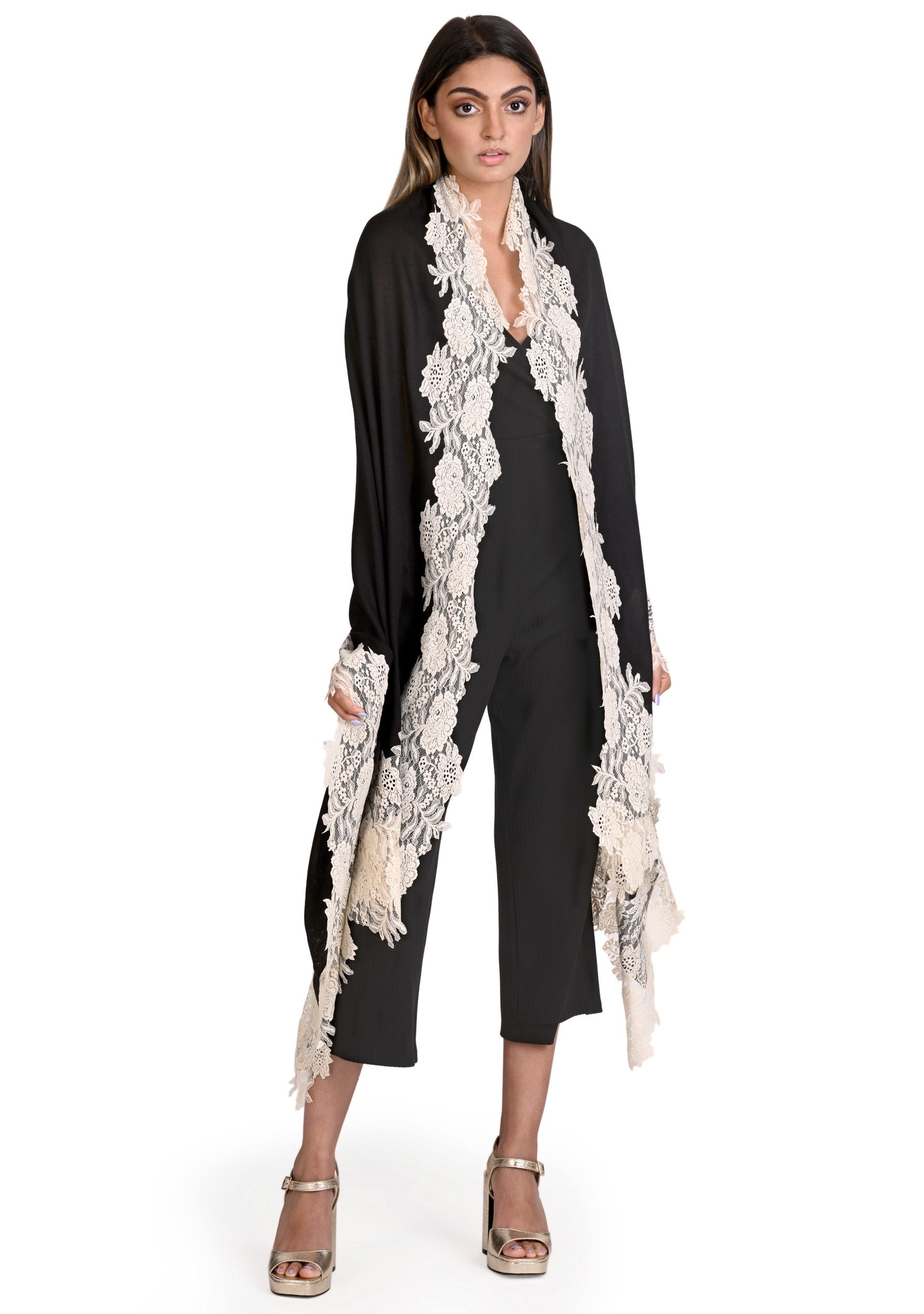 Black Silk And Wool Scarf with a Beige 
 Floral Lace Border