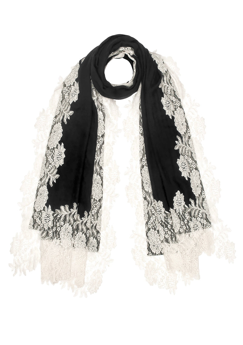 Black Silk And Wool Scarf with a Beige 
 Floral Lace Border
