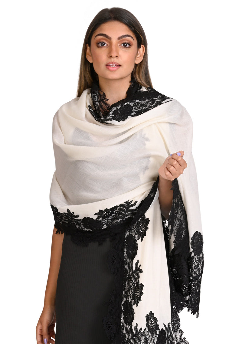 Ivory Silk And Wool Scarf with a Black 
 Floral Lace Border