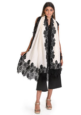 Ivory Silk And Wool Scarf with a Black 
 Floral Lace Border