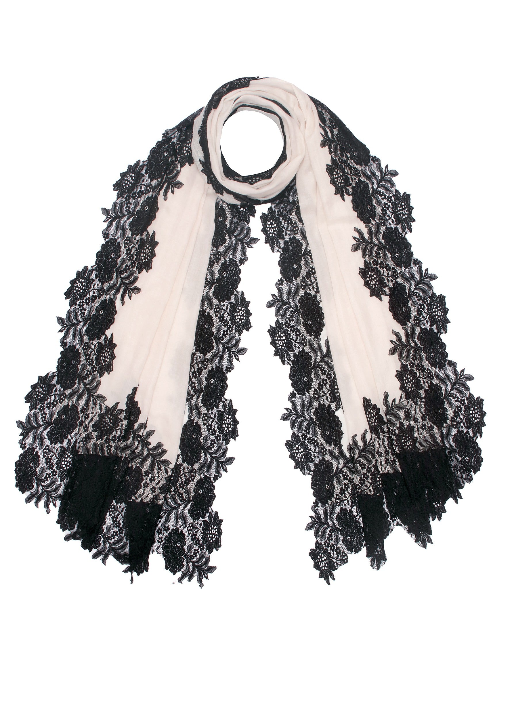 Ivory Silk And Wool Scarf with a Black 
 Floral Lace Border