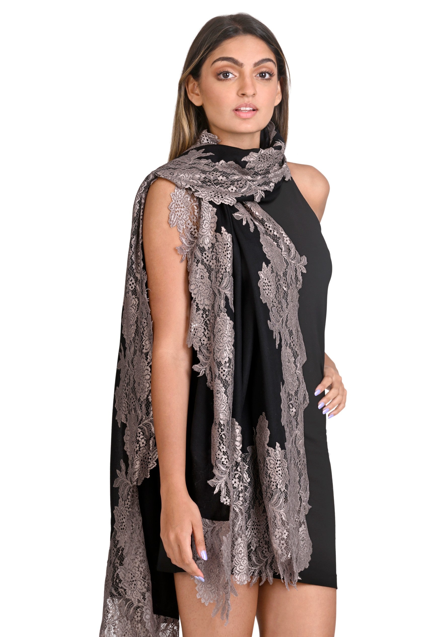 Black Silk And Wool Scarf with a Antique Silver Floral Lace Border ...