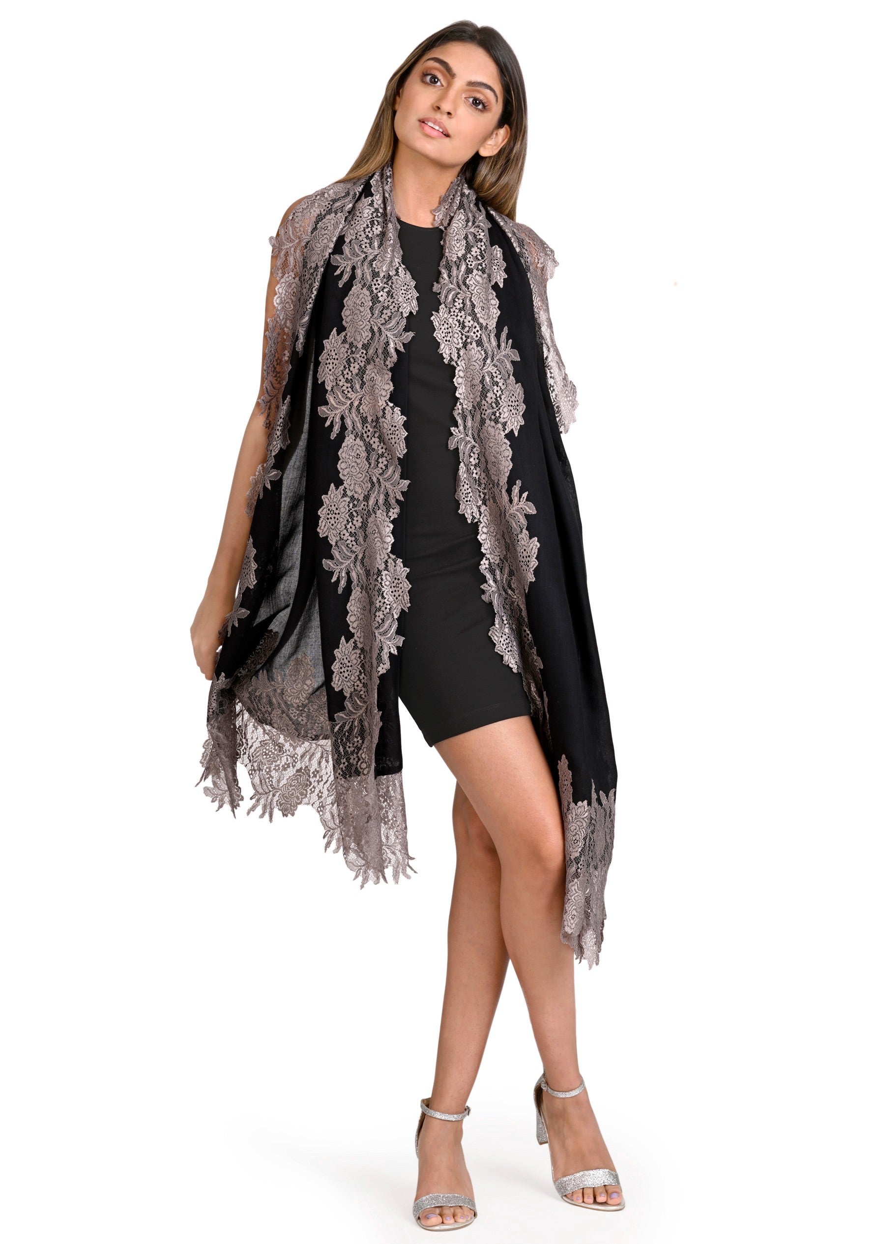 Black Silk And Wool Scarf with a Antique Silver Floral Lace Border