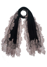 Black Silk And Wool Scarf with a Antique Silver Floral Lace Border