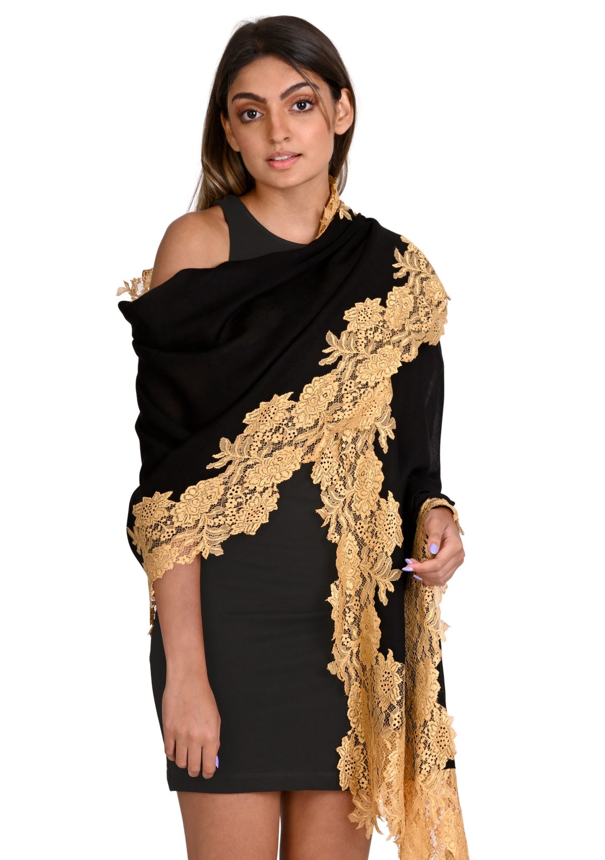Black Wool Silk Scarf Gold Lace - Main Image