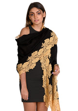 Black Silk And Wool Scarf with a Dk. Gold
 Floral Lace Border