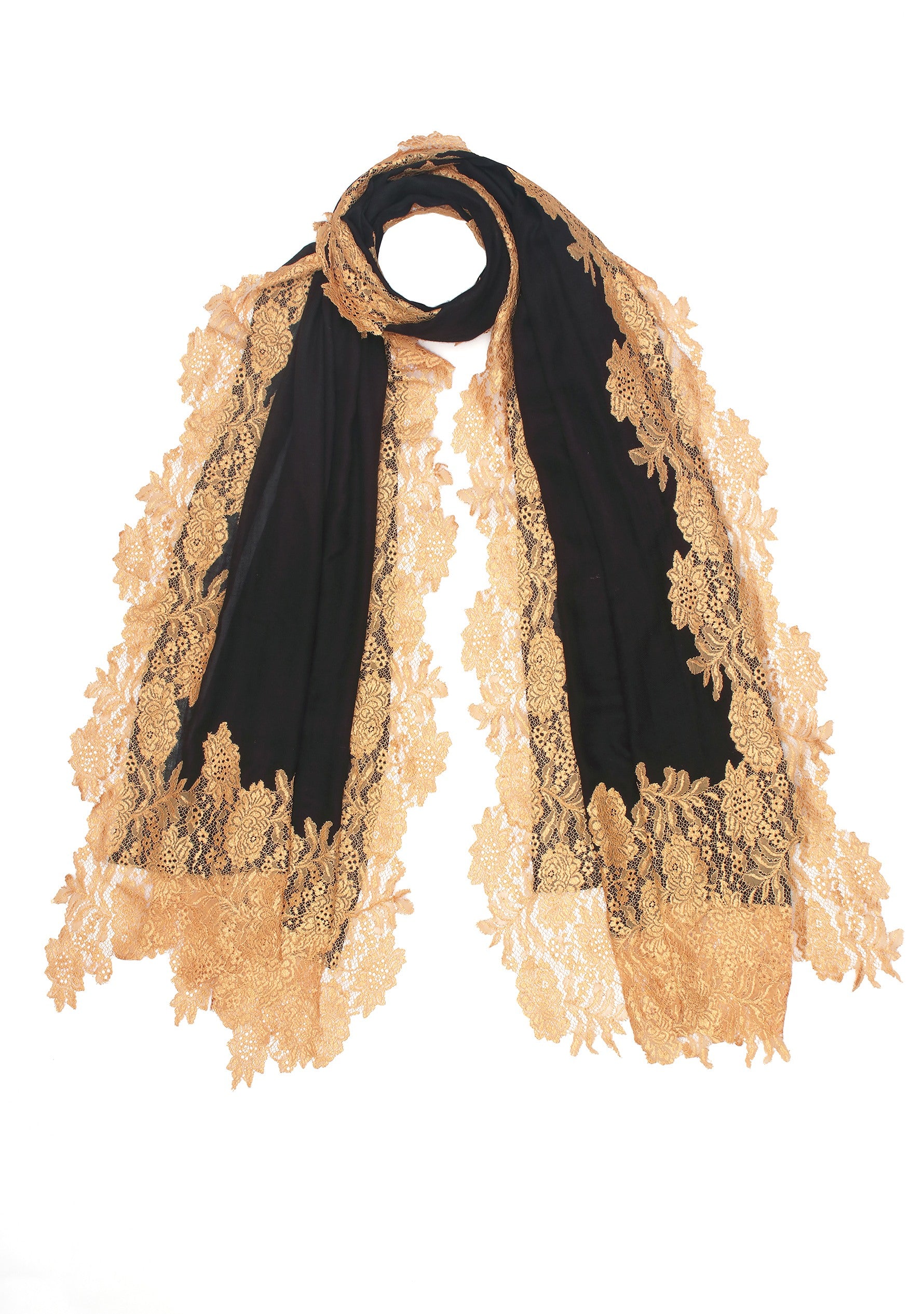 Black Silk And Wool Scarf with a Dk. Gold
 Floral Lace Border