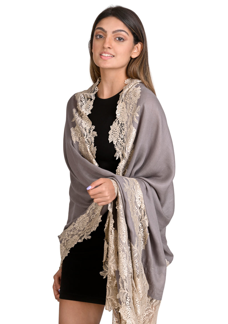 Mousse Silk And Wool Scarf with a Silver
 Floral Lace Border