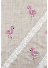 Lt. Taupe Wool and Silk Scarf with Hand Embroidered Flamingos and Lace Panels
