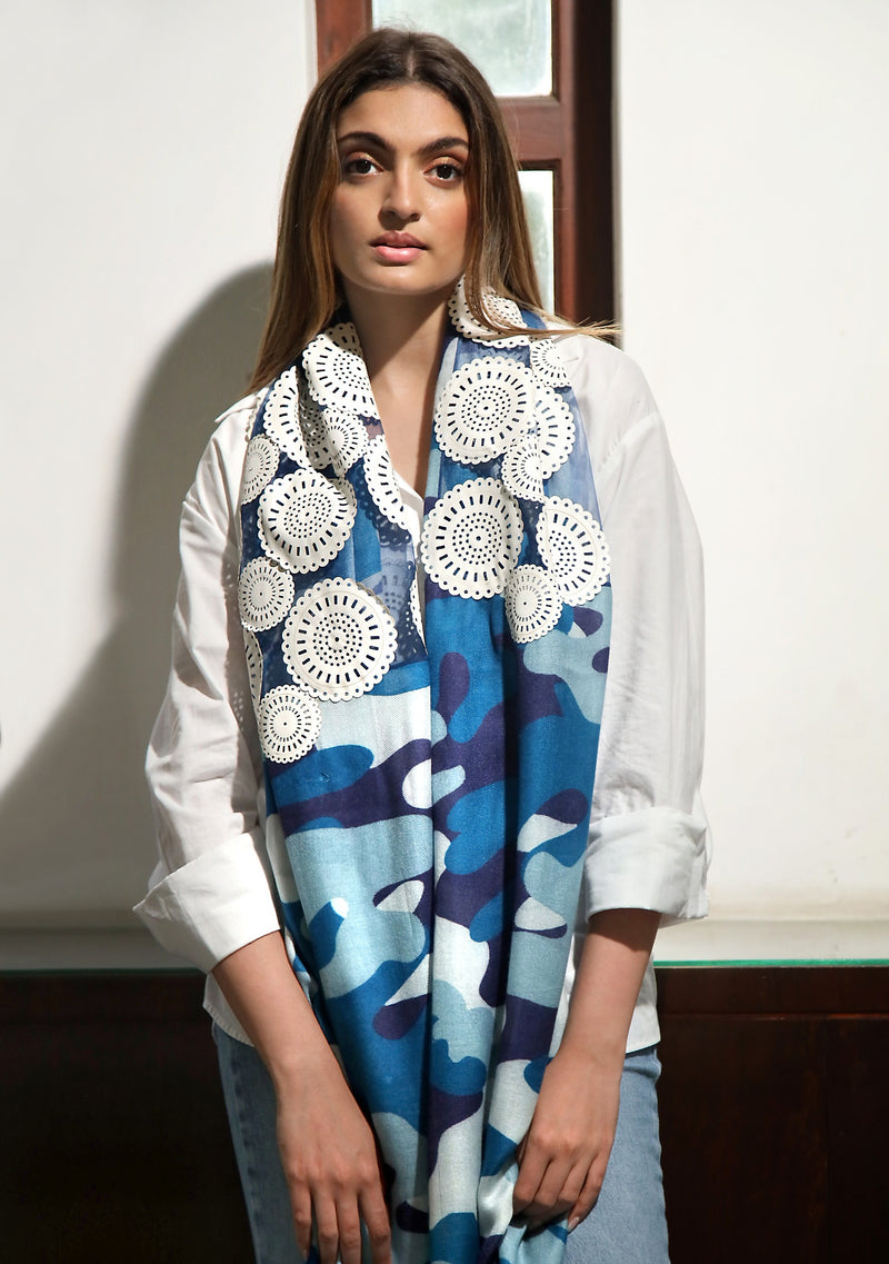 Blue Camo Print Modal Scarf with a Centre Patch of Lasercut White Faux Leather Circle Appliques