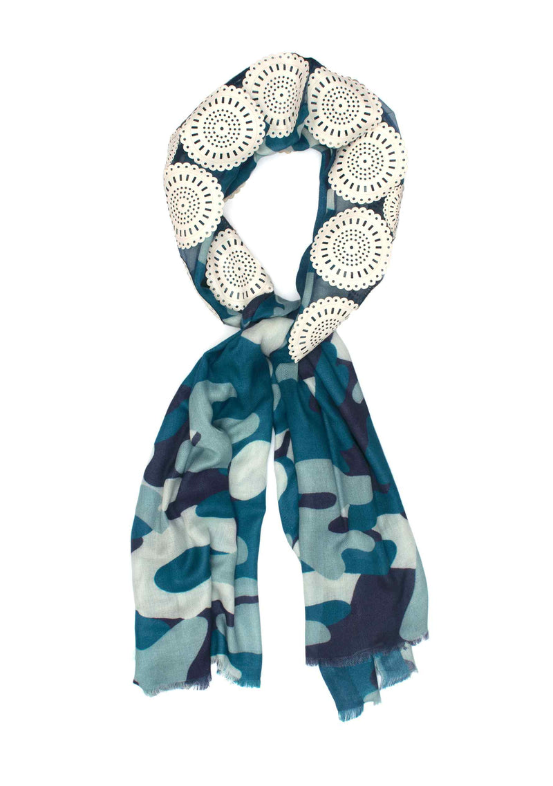 Blue Camo Print Modal Scarf with a Centre Patch of Lasercut White Faux Leather Circle Appliques