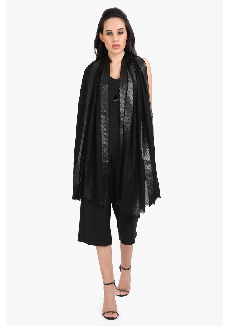 Black Modal Scarf with Lasercut Black Faux Leather Leaves
