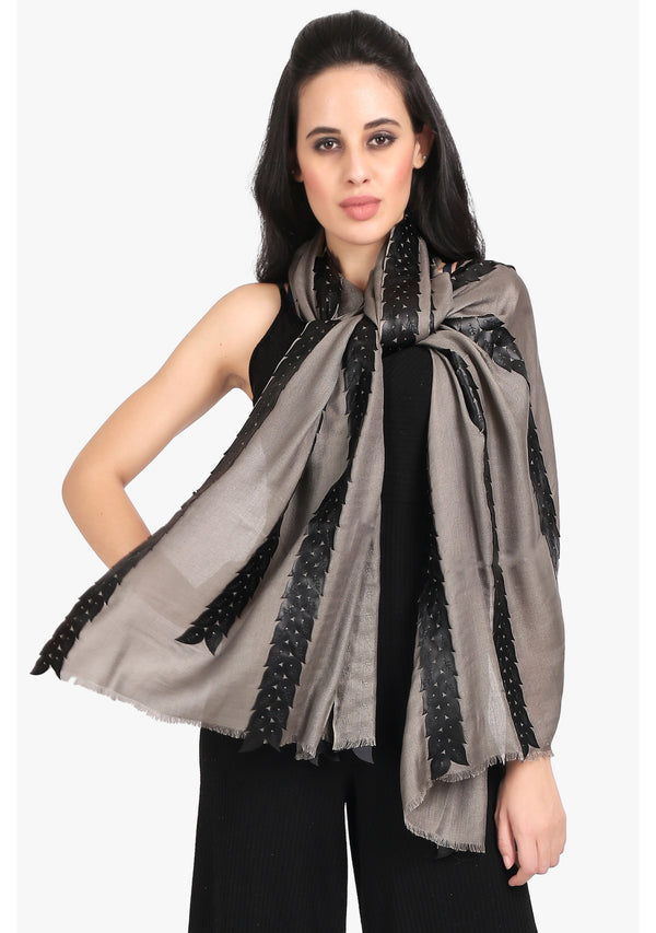 Mousse Modal Scarf with Lasercut Black Faux Leather Leaves