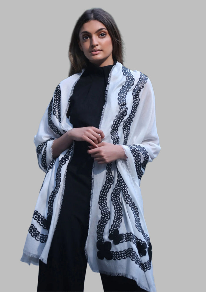 Ivory Modal Scarf Black Faux Leather Applique