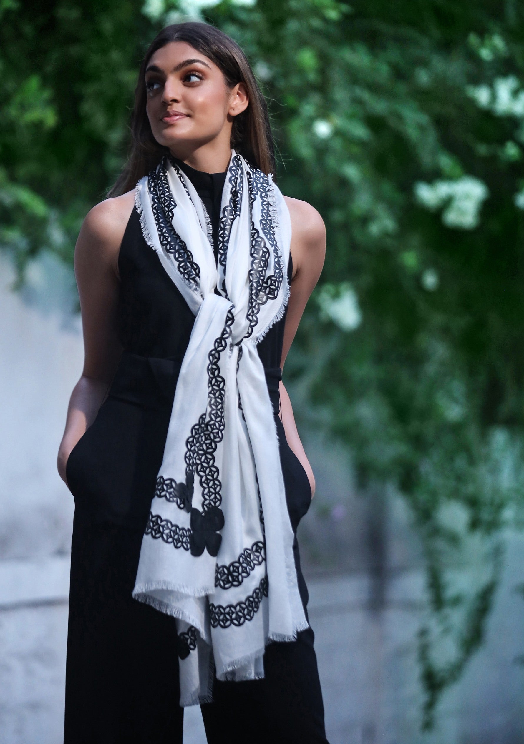 Ivory Modal Scarf with a Lasercut Black Faux Leather Appliqu̩ in a Scalloped Design