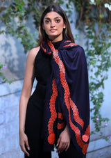 Navy Blue Modal Scarf with a Lasercut Orange Faux Leather Appliques in a Scalloped Design