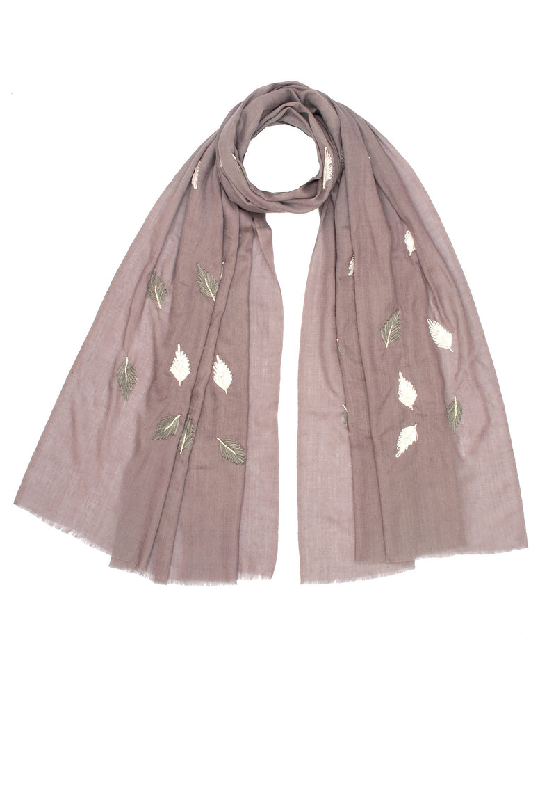 Mousse Wool & Silk Scarf with Ivory and Mousse Leaf Embroidery and Ivory Pearls