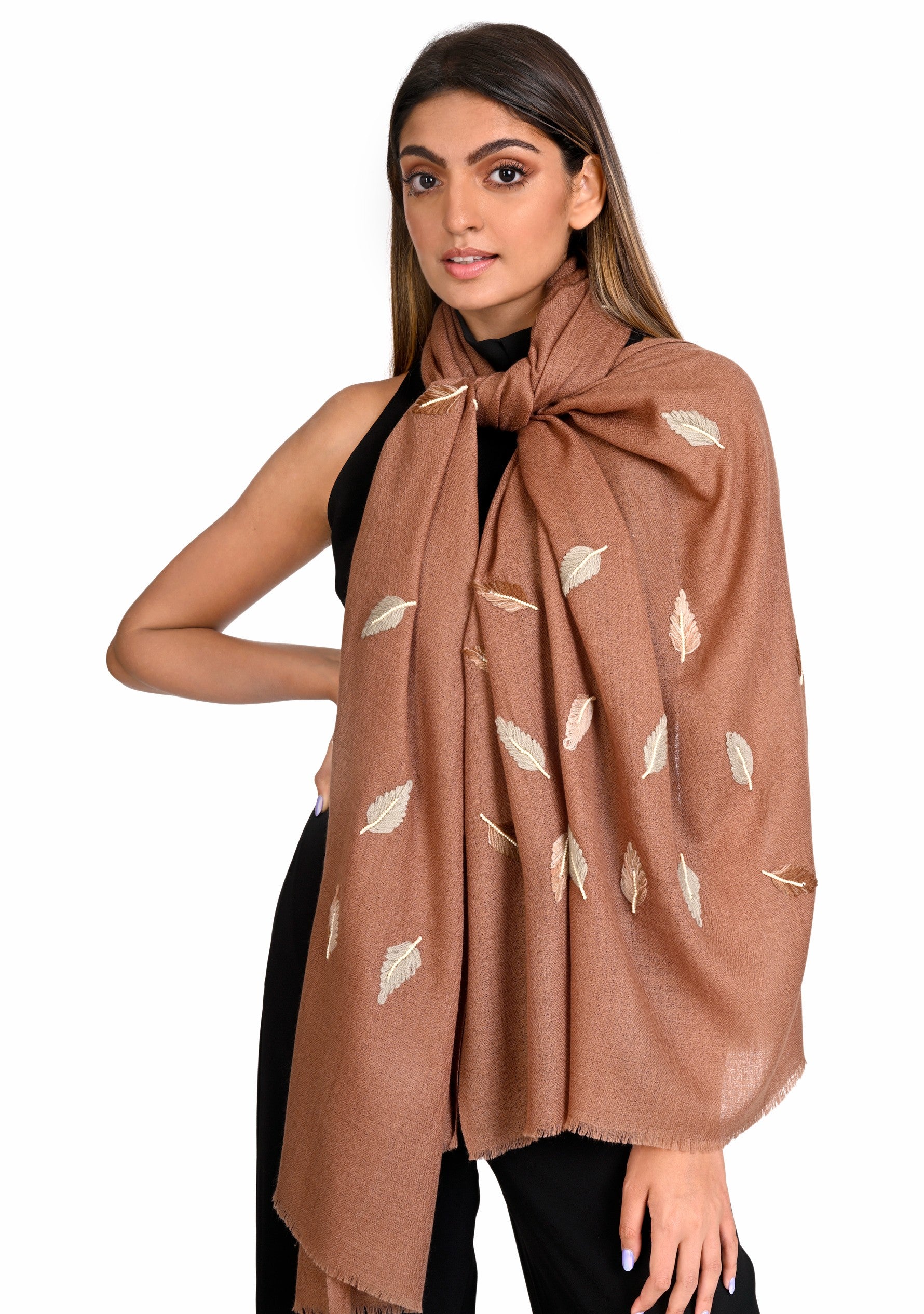 Brown Wool & Silk Scarf with Taupe and Brown Leaf Embroidery and Ivory Pearls