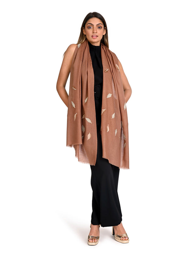 Brown Wool & Silk Scarf with Taupe and Brown Leaf Embroidery and Ivory Pearls
