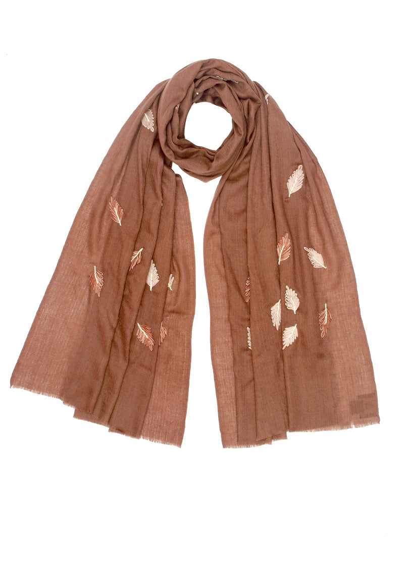 Brown Wool & Silk Scarf with Taupe and Brown Leaf Embroidery and Ivory Pearls