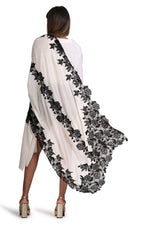 Ivory Silk And Wool Scarf with a Black Lace Application
