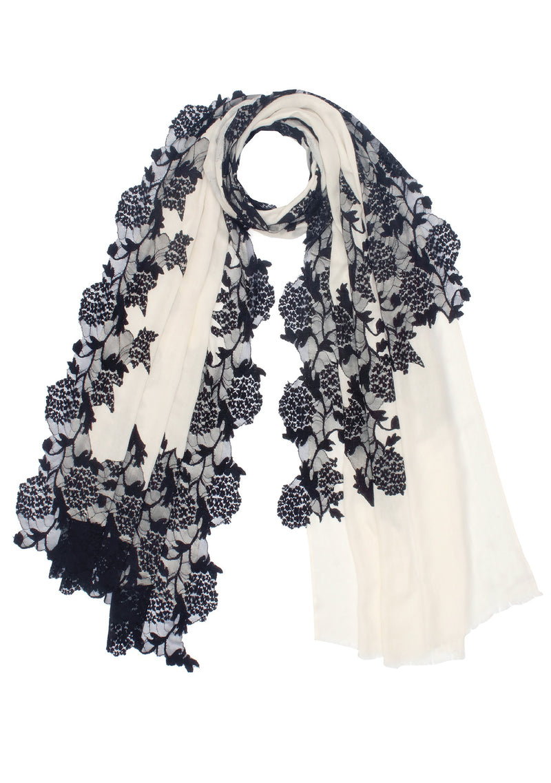 Ivory Silk And Wool Scarf with a Black Lace Application