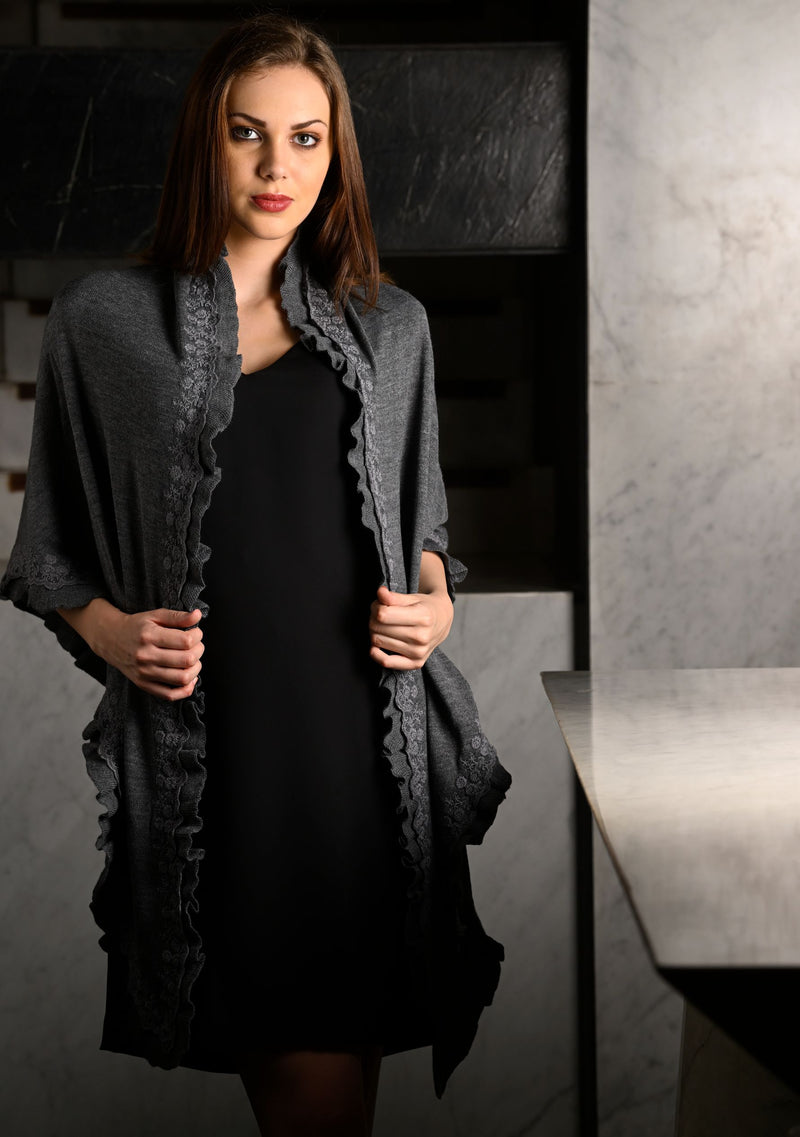 Dk. Grey Melange Knitted Fine Wool Wrap with Grey Flower Appliques