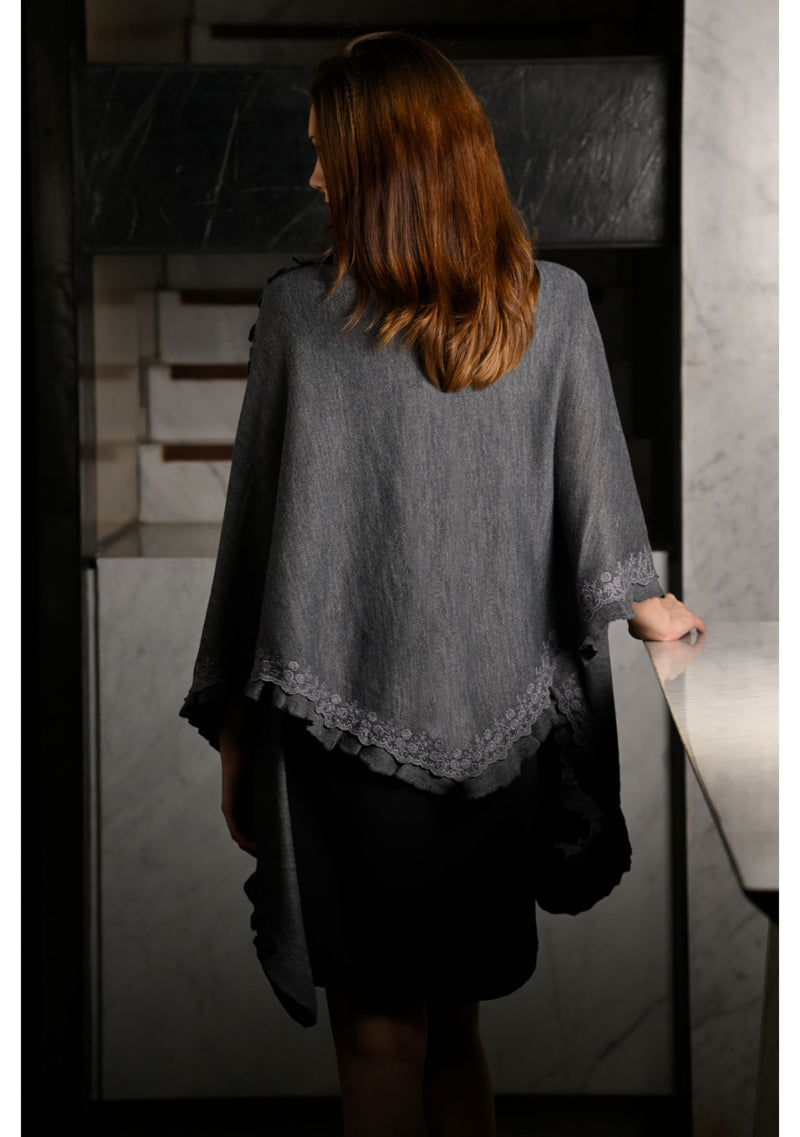 Dk. Grey Melange Knitted Fine Wool Wrap with Grey Flower Appliques