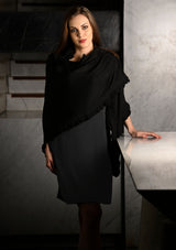 Black Knitted Fine Wool Wrap with Black Flower Appliques