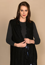 Black Knitted Fine Wool Sleeveless Jacket with Black Floral Lace Border