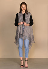 Taupe Melange Knitted Fine Wool Sleeveless Jacket with Mousse Floral Lace Border
