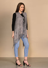 Taupe Melange Knitted Fine Wool Sleeveless Jacket with Mousse Floral Lace Border