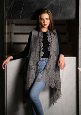 Dual Color Dk. Grey and Grey Melange Knitted Fine Wool Sleeveless Jacket with Grey Floral Lace Border