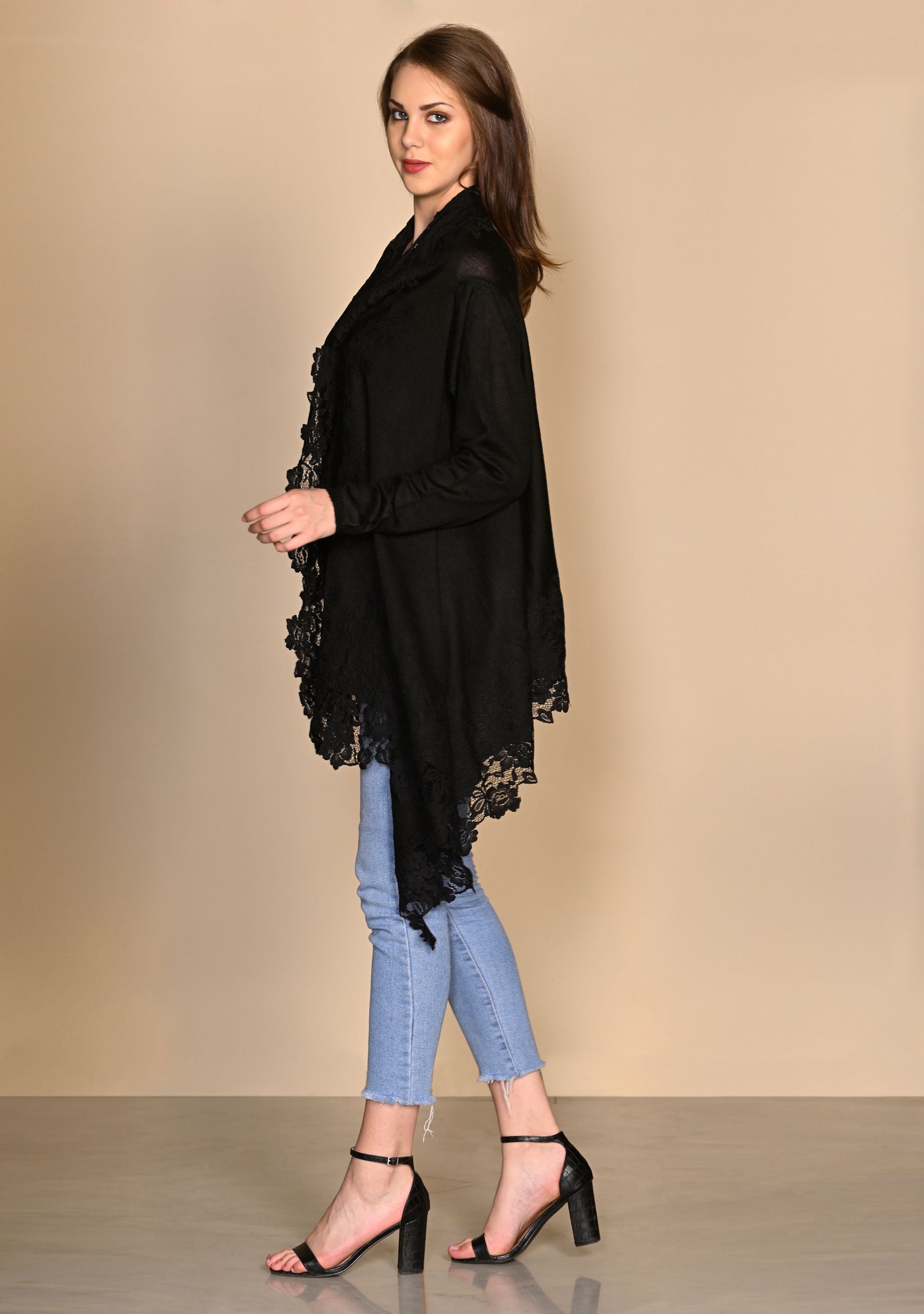 Black Knitted Fine Wool Jacket with Black Floral Lace Border