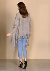 Taupe Melange Knitted Fine Wool Jacket with Mousse Floral Lace Border