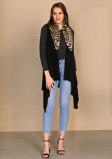 Black Cable Knit Fine Wool Sleeveless Jacket with Leopard Fur Collar