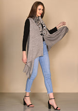 Taupe Melange Cable Knit Fine Wool Sleeveless Jacket with White Leopard Fur Collar
