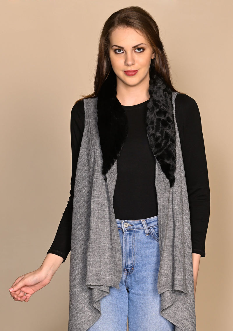 Dk. Grey Melange Cable Knit Fine Wool Sleeveless Jacket with Black Embossed Fur Collar