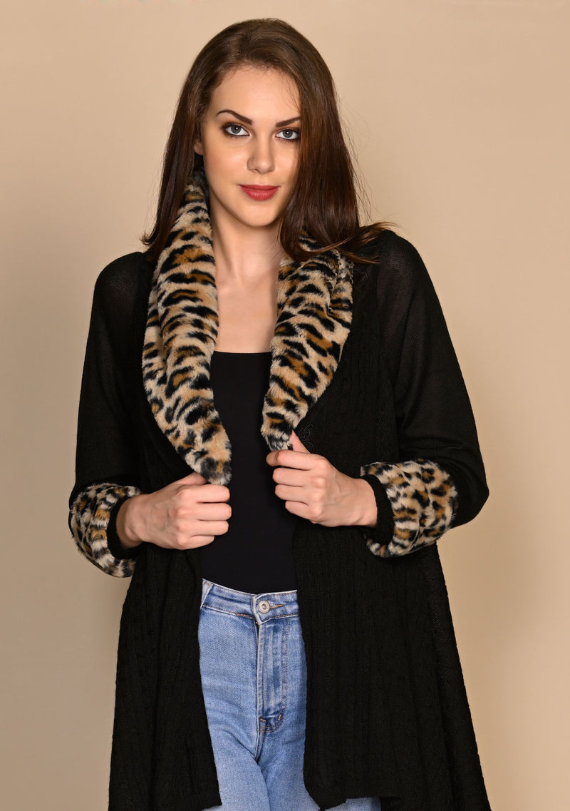 Black Cable-Knit Fine Wool Jacket with Leopard Fur Collar and Cuff