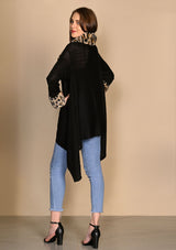 Black Cable-Knit Fine Wool Jacket with Leopard Fur Collar and Cuff
