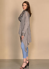 Taupe Melange Cable Knit Fine Wool Jacket with White Leopard Fur Collar and Cuff
