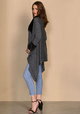 Dk. Grey Melange Cable Knit Fine Wool Jacket with Black Embossed Fur Collar and Cuff