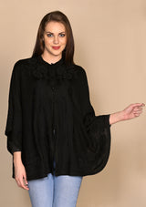 Black Knitted Fine Wool Collared Cape with Black Floral Lace Applique