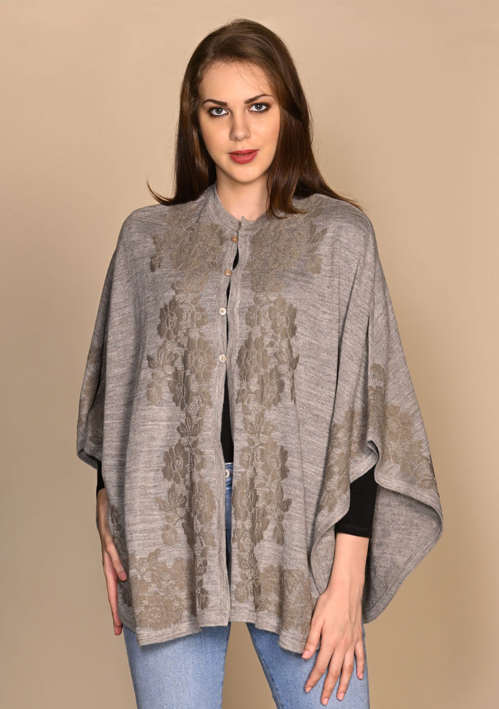 Taupe Melange Wool Collared Cape 
Dk. Taupe Lace
