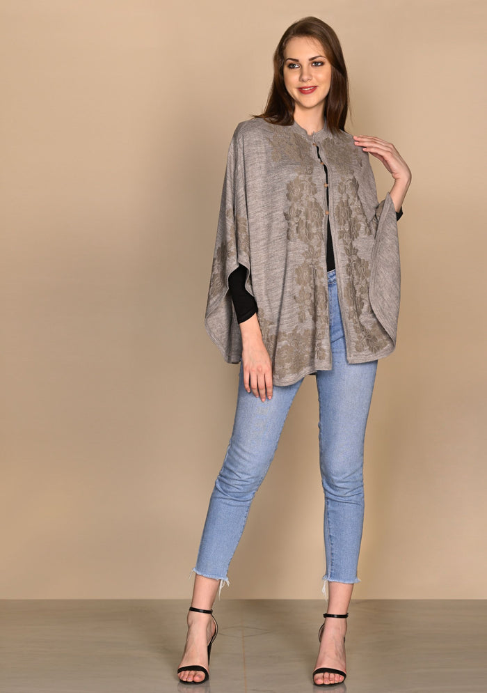 Taupe Melange Wool Collared Cape 
Dk. Taupe Lace