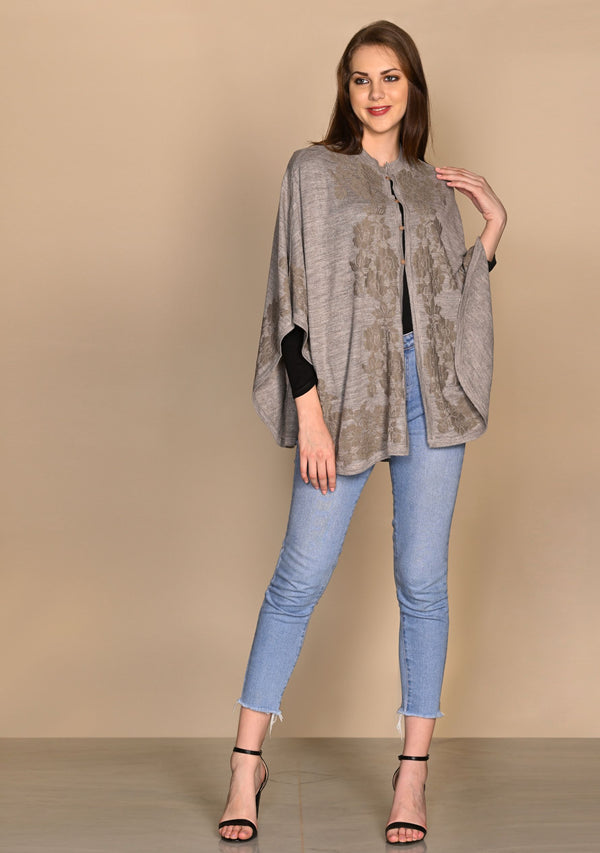 Taupe Melange Knitted Fine Wool Collared Cape with Dk. Taupe Floral Lace Applique